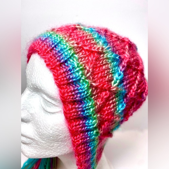 HAND KNIT Brightly Color Stripe Fun Bonnet Beanie with Tassels, Fun Cabled Hat - Picture 7 of 10